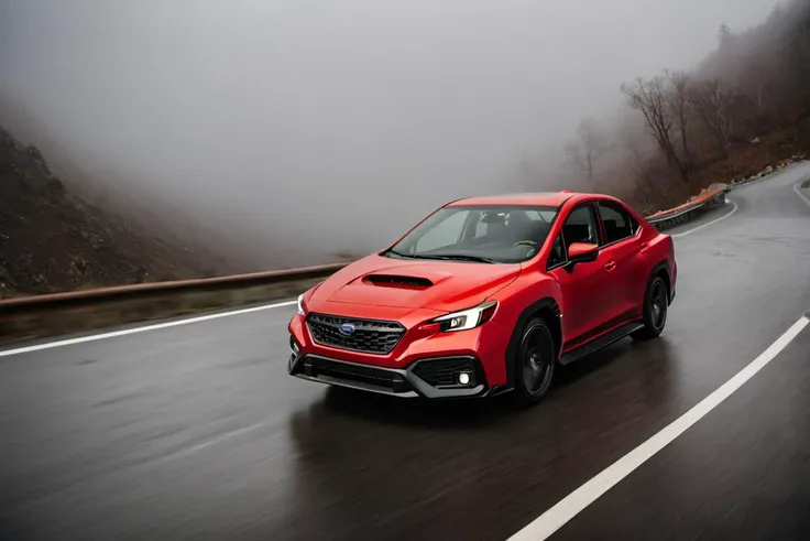<lora:wrx_xl_lora:1> a beautiful car, a wrx, white, driving on a mountain road, foggy