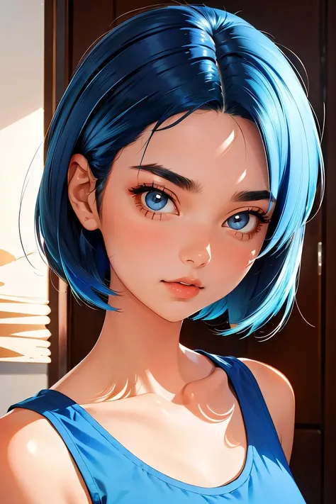 (masterpiece, best quality), 1girl, Cornflower blue Tousled Top with Taper Fade, flat chest,  <lora:LTH:1>