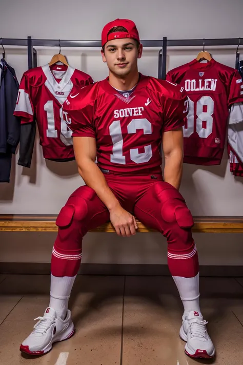 in an American football locker room, (sitting on a bench), legs spread open, MasynThorne, American football player wearing American football uniform, American football shoulder pads, (crimson red jersey:1.3), jersey number 8, (crimson red football pants and pads:1.3), (white socks:1.3), (black sneakers:1.3), crimson red backbasecap, backwards baseball cap, slight smile, (((full body portrait))), full body shot, wide angle <lora:MasynThorne:0.75>