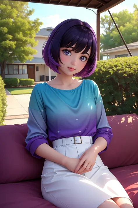 1girl, masterwork Renderman, Rule of Thirds, POV shot of a ("She loves you, yeah, yeah, yeah.":1.3) , it is very Granular and Morbid, Frightening, 1950S Suburbia Bed and breakfast in background, lush trees and Canis Minor constellation in background, Sunny, soft focus, abstract art, (landscape art designed by Etel Adnan:0.8) , Ultra Real, Guilty, Junglecore, Cream lighting, Low shutter, Kodak portra, dynamic composition, Violet paint splotches, dslr, most beautiful artwork in the world