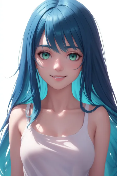 a beautiful blue haired girl, long messy hair, beautiful detailed deep green eyes,  shy smile, small breasts, white tank top, upper body view, ultra realistic, colorful,
(masterpiece:1.2), (best quality:1.2), ultra-detailed, best shadow, detailed background, high contrast, (best illumination, an extremely delicate and beautiful), ((cinematic light)), hyper detail, dramatic light, intricate details, 8k,  very aesthetic,