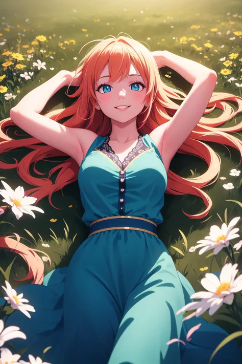 1 beautiful girl, 20yo, long red-blonde hair,  blue eyes, smile, (lies on her back in a flower meadow), her arms folded behind her head
(masterpiece:1.2), (best quality:1.2), newest, ai-generated, ultra-detailed, best shadow, detailed background, high contrast, (best illumination, an extremely delicate and beautiful), ((cinematic light)), hyper detail, dramatic light, intricate details, 8k, anime, very aesthetic,
