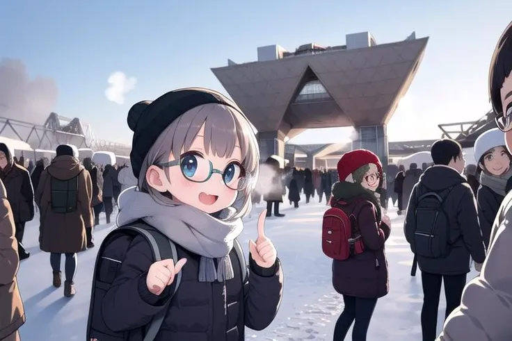masterpiece,ultra detail,best quality,petite,girl,glasses, <lora:TokyoBigSight:0.9>BigSight,pointing far,happy,open mouth,winter,winter outfit,backpack,extremely_crowd,steam,