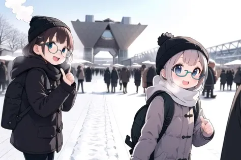 masterpiece,ultra detail,best quality,petite,girl,glasses, <lora:TokyoBigSight:0.9>BigSight,pointing far,happy,open mouth,winter,winter outfit,backpack,extremely_crowd,steam,
