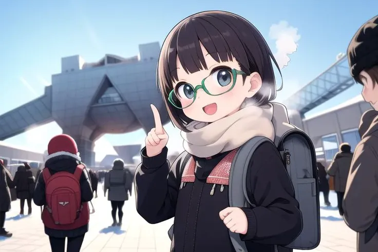 masterpiece,ultra detail,best quality,petite,girl,glasses, <lora:TokyoBigSight:0.9>BigSight,pointing far,happy,open mouth,winter,winter outfit,backpack,extremely_crowd,steam,