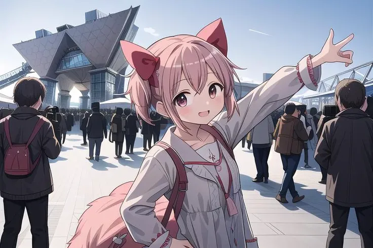 masterpiece,ultra detail,best quality,girl surrounded by photographers, <lora:TokyoBigSight:0.9>BigSight,happy,kaname madoka,stylish pose,(girl surrounded by photographers), extremely crowd,cameraman