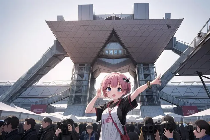 masterpiece,ultra detail,best quality,girl surrounded by photographers, <lora:TokyoBigSight:0.9>BigSight,happy,rem,stylish pose,(girl surrounded by photographers), extremely crowd,cameraman