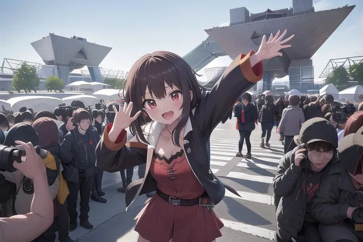 masterpiece,ultra detail,best quality,girl, <lora:TokyoBigSight:1>BigSight,happy,megumin,stylish pose,extremely_crowd,steam,(Girl surrounded by photographers,many photographers)