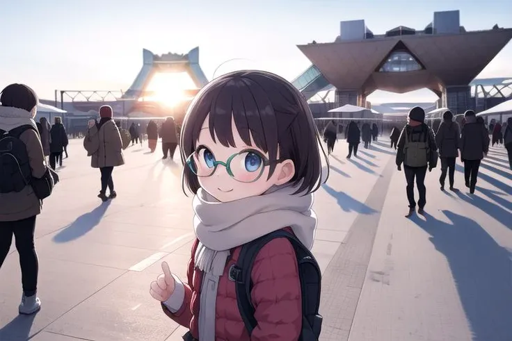 masterpiece,ultra detail,best quality,petite,girl,glasses, <lora:TokyoBigSight:0.9>BigSight,sunrise,happy,winter,winter outfit,backpack,extremely_crowd