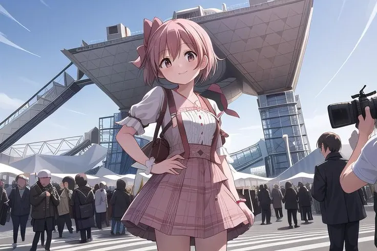 masterpiece,ultra detail,best quality,girl surrounded by photographers, <lora:TokyoBigSight:0.9>BigSight,happy,kaname madoka,stylish pose,(girl surrounded by photographers), extremely crowd