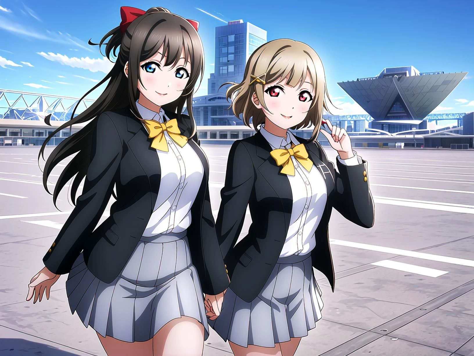 <lora:LLAS_v30:0.25:0.25:lbw=LLAS_StyleRev2>, <lora:Lovelive:0.1:0.1:lbw=Lovelive_StyleRev2>, <lora:GoodHands-beta2:0.2>, <lora:TokyoBigSight:0.333>,
(2girls:1.3), (BigSight:1.3), masterpiece, high quality, best quality, ultimate quality, highres, ultra high res, absurdres, HDR, (perfect anatomy:1.2),
(cowboy shot:1.2), wide view, looking at viewer,
(nijigasaki academy school uniform:1.6), (Black jacket:1.3),
(extremely_crowd:1.4), (tokyo big sight), sky, day, scenery, skyscraper, walking, train station, outdoor,
ADDCOMM,
<lora:ShizukuLL_v1.2:0.167:0.167:lbw=LL_Rev2>,
(2girls:1.3), (BigSight:1.3), masterpiece, high quality, best quality, ultimate quality, highres, ultra high res, absurdres, HDR, (perfect anatomy:1.2),
(cowboy shot:1.2), wide view, looking at viewer,
(Blue Eyes:1.1), (ousaka shizuku:1.2), (Brown hair:1.1), (long hair:1.3), lips, medium breasts, narrow waist, (half updo:1.3), (Red huge bow at hair:1.3), (sidelocks:1.1), (happy, smile),
(nijigasaki academy school uniform:1.6), (winter uniform:1.2), (Black jacket:1.3), (closed jacket:1.2), (Yellow bow tie:1.1), White skirt, plaid skirt, pleated skirt,
ADDCOL,
<lora:KasumiLL_v1.1:0.167:0.167:lbw=LL_Rev2>,
(2girls:1.3), (BigSight:1.3), masterpiece, high quality, best quality, ultimate quality, highres, ultra high res, absurdres, HDR, (perfect anatomy:1.2),
(cowboy shot:1.2), wide view, looking at viewer,
(Red Eyes:1.1), (nakasu kasumi:1.2), Light Brown hair, (short hair:1.2), lips, medium breasts, narrow waist, asymmetrical hair, hair ornament, (happy, smile),
(nijigasaki academy school uniform:1.6), (winter uniform:1.2), (Black jacket:1.3), (Yellow bow tie:1.1), White skirt, plaid skirt, pleated skirt, sweater vest