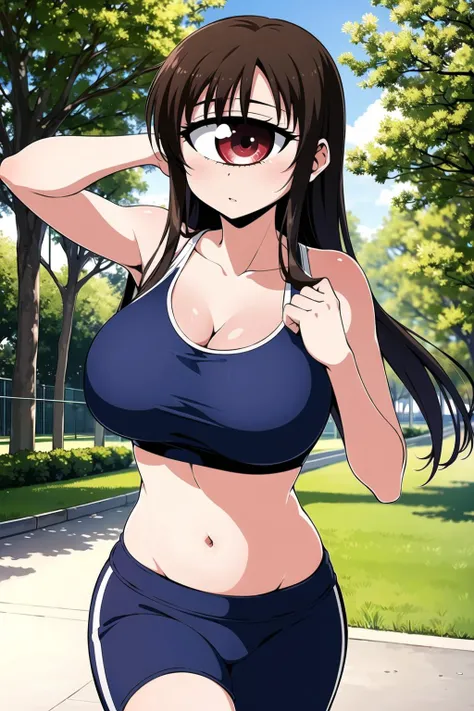 tangan,cyclops, 1girl, solo,brown hair, red eyes, very long hair, big breasts,
sports bra, sportswear,
looking at viewer, running, jogging,
park, tree,
<lora:tangan_any45:0.85>