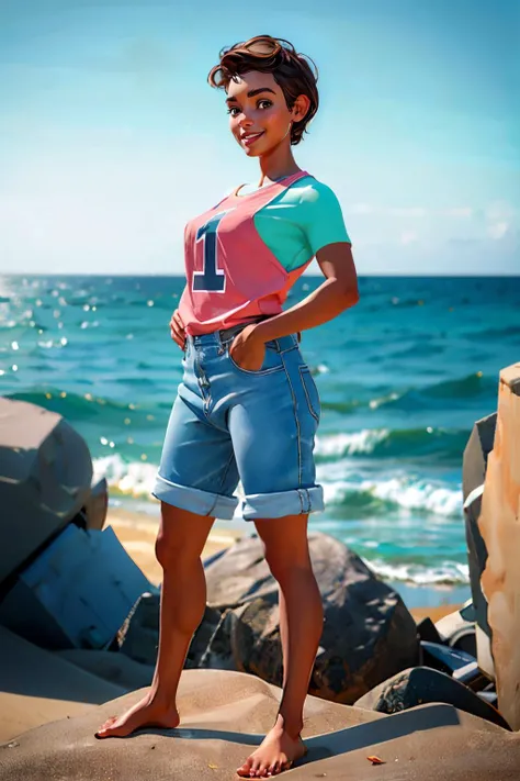 maya,small breasts, brown hair, brown eyes, short brown hair, pink shirt, undershirt, "1", shorts, barefoot, looking at viewer, smiling, full body shot, standing, outside, beach, ocean, sunny, high quality, masterpiece, <lora:Maya-10RFT:.7>