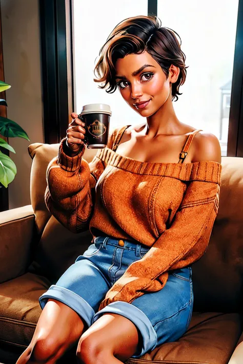 maya,small breasts, short brown hair, brown eyes, short brown hair, oversized sweater, off shoulder, long sleeves, shorts, looking at viewer, serious, smirk, sitting, inside cozy living room, on sofa, holding hot chocolate, soft lighting, high quality, masterpiece, <lora:Maya-10RFT:.7>