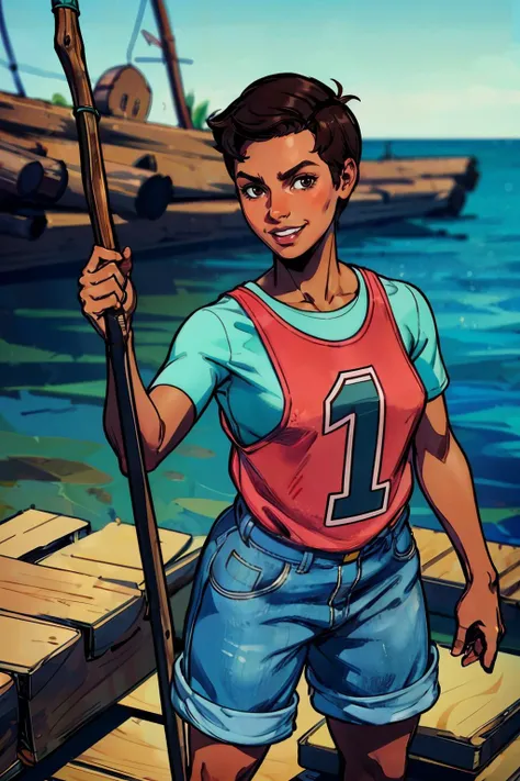maya,small breasts, brown hair, brown eyes, short brown hair, pink shirt, undershirt,"1", shorts, looking at viewer, serious, grin, standing, medium shot, holding a spear, on logs, ocean, high quality, masterpiece, <lora:Maya-10RFT:.7>