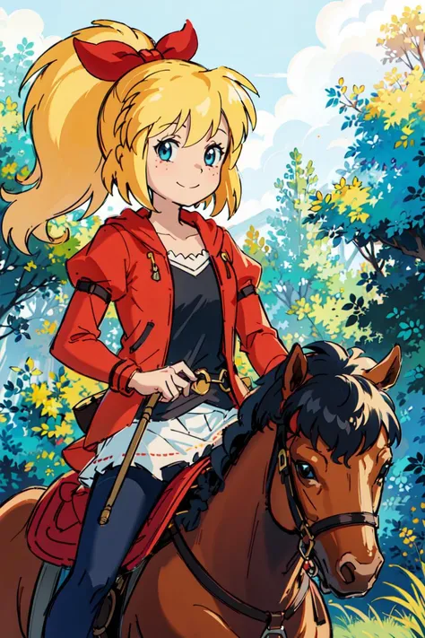 (masterpiece:1.4), (best quality:1.4), (high resolution:1.4), bibi blocksberg, blonde hair, ponytail, red bow, freckles, BREAK, helmet, riding crop, horseback riding,  smile, outdoors, forest, summer  <lora:bibi_blocksberg_v12:1>