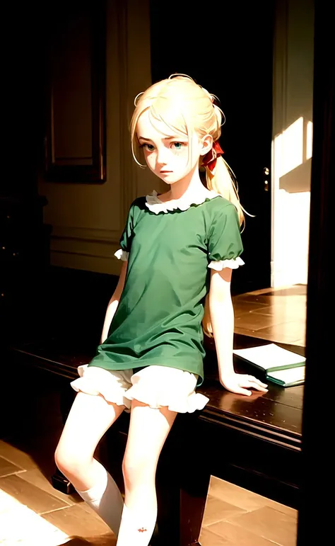 ((best quality)), ((masterpiece)), (high detailed), John Singer Sargent, ***, a young sorceress studying, freckles, blonde hair, red bow in hair, ponytail, green shirt dress, white frilled shorts to the knees, frilled socks, <lora:Squeezer2:1>