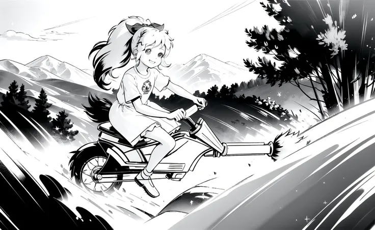 ((best quality)), ((masterpiece)), (high detailed), Bibi Blocksberg, freckles, hair, bow in hair, ponytail, shirt dress, white frilled shorts, frilled socks, riding broom in air, smile, outdoor, beautiful landscape, lineart, monochrome <lora:bibi_blocksberg_v12:1> <lora:animeoutlineV4_16:1>  <lora:wowifierV3:1>