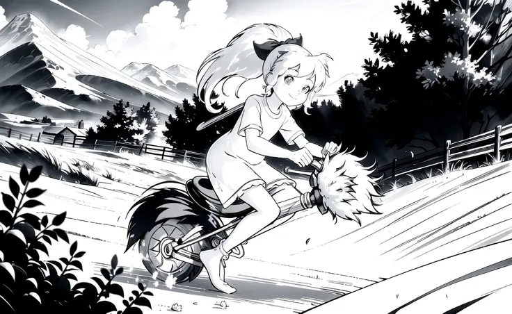 ((best quality)), ((masterpiece)), (high detailed), Bibi Blocksberg, freckles, hair, bow in hair, ponytail, shirt dress, white frilled shorts, frilled socks, broom riding, smile, outdoor, landscape, lineart, monochrome<lora:bibi_blocksberg_v12:1> <lora:animeoutlineV4_16:1> <lora:wowifierV3:1>
