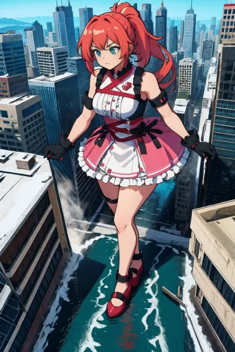 <lora:GTS:1>,1girl, aerial view, dress, gloves, standing, city, wide shot, full body, ponytail, hair, frills, gts, city, buildings, rampage, destruction