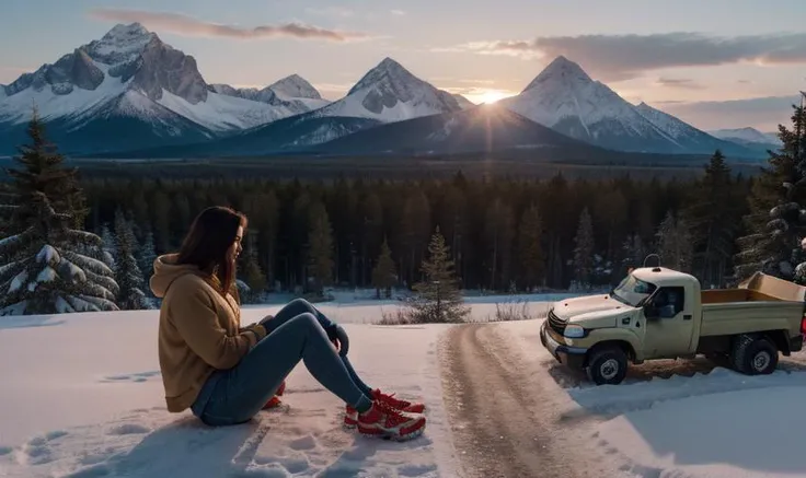 1girl, russian giant young woman,jeans mini skirt,bra,snow covered mountains , giantess, GTS, <lora:GTS:1>,toned , large breasts,wide hips,(full body:1.3),tiny vehicles,freckles,green eyes,fringes, blond hair,detailed background,taller than the mountains,beautiful face,Mountain shoes,landscape, nature,(tiny truck:1.3), sunset, giantess girl,forest,size difference,(ground view:1.3),night,sitting, detailed sky,tiny bonfire