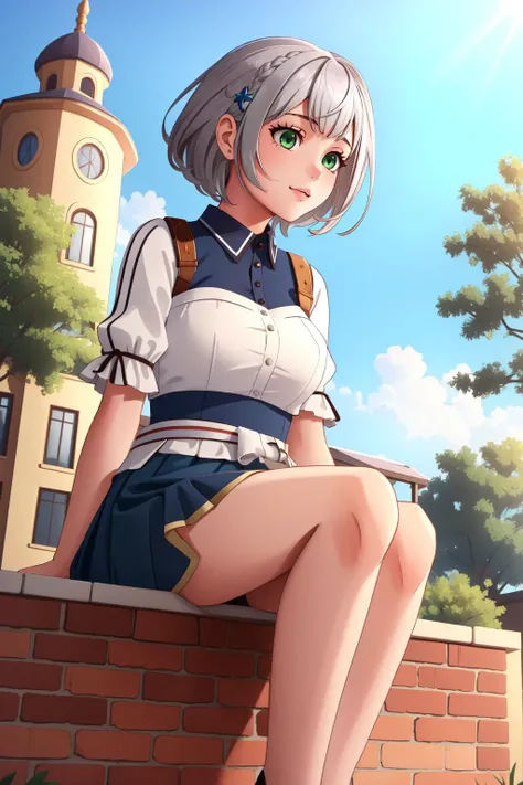 (masterpiece, best quality),  intricate details,
1girl,    <lora:shirogane_noel_v1:0.8> shirogane noel, silver hair, short hair, x hair ornament, green eyes, 
 <lora:GTS:0.8> GTS,  sitting on building, outdoors, buildingseat, looming,