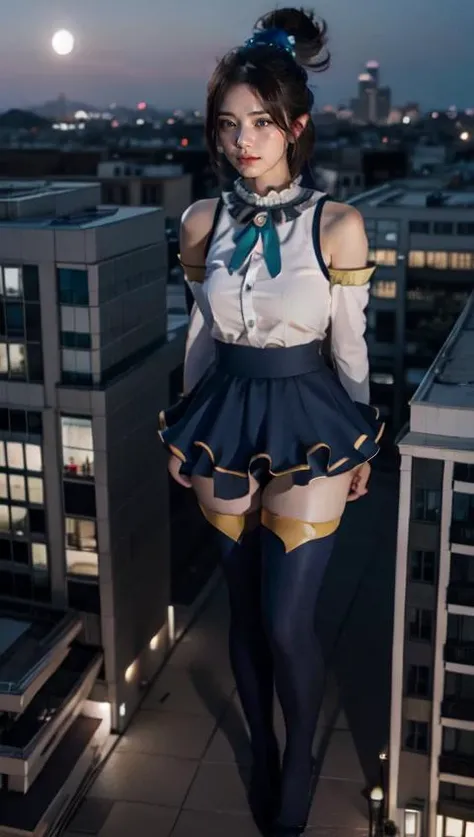 <lora:GTS:1>,(partially obstructed:1.3),buildings along bottom of frame,Aqua,giantess,city,gts,standing,skyscrapers,(full body:1.3)smug ,,arms at sides,(crowd of people:1.2),1girl, long hair, solo, thighhighs, blue eyes, blue hair, detached sleeves, looking at viewer, hair ornament, hair rings, skirt, white thighhighs, single hair ring, breasts, <lora:Aqua:1>,night,moon, detailed sky, walking in the street, taller than buildings, arms behind back,aerial view,(realistic:1.2),CG