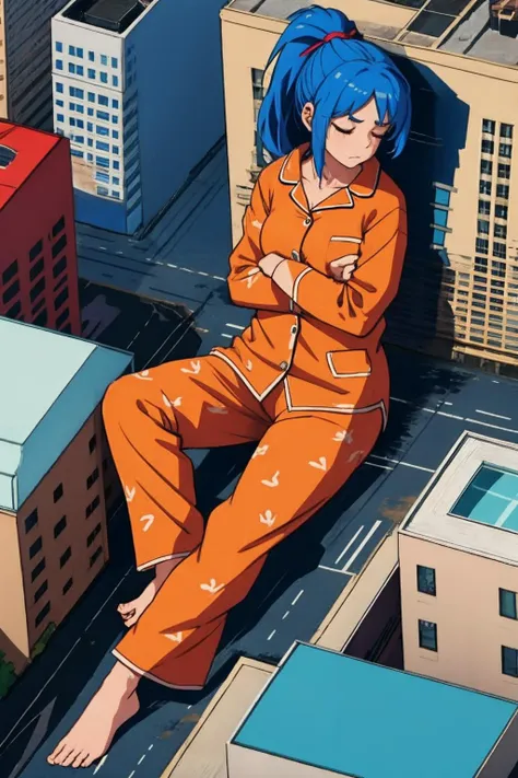 <lora:GTS:1>,1girl, sleeping, in pajamas, tired, snoring, city, medium shot, full body, ponytail, hair, gts, city, buildings, rampage, destruction