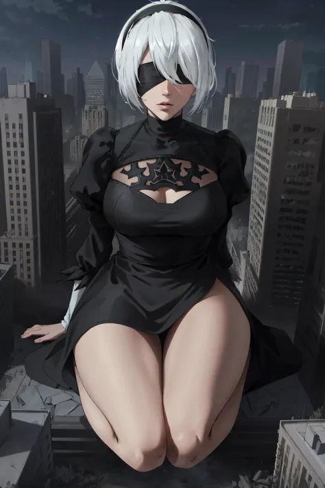 1girl, GTS, giantess, beautiful yorha no. 2 type b,black blindfold, black dress, hair between eyes, puffy sleeves, white hair, black hairband, blindfold, (sitting on building:1.2), aerial view, (skyscrapers:1.1), night,full body, rubble, realistic ,particles, beautiful, (masterpiece, best quality,:1.2) volumetric lighting, <lora:GTSv4:0.9>, <lora:2bNierAutomataLora_v2b:0.7>