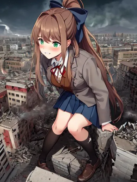 monika, bangs, very long hair, long hair, neck ribbon, ponytail, shirt, school uniform, hair bow, white bow, pleated skirt, brown hair, grey jacket, sidelocks, solo, blue skirt, 1girl, breasts, blazer, green eyes, medium breasts, long legs,
detailed eyes, deep eyes, beautiful green eyes, glowing green eyes, evil, evil grin, symmetrical eyes, sharp eyes, detailed eyes, symmetrical face, perfect arms, perfect hands, perfect face, perfect legs, <lora:Monika:0.6>,
full body, full body shot, zoomed out, distant view,
blushing, horny, aroused, extremely detailed CG unity 8k wallpaper, best quality,32k,focus sharp,
night, night sky,
buildingseat, building seat, sitting on a building, <lora:more_details:0.7>,looking at the ground:1.5, looking down, <lora:GTSv5:0.85>, micro city, destroyed buildings, looking down at viewer, (gts:1.2), ground view, (groundview:1.2), from below, low angle, (rampage, destruction:1.2), (partially obscured:1.2), (in distance:1.2), destroying a building, investigating, highres, detailed eyes, perfect eyes, beautiful eyes, perfect face, destruction, rampage, huge craters, ravines, cracks in the ground, earthquake, smoke, fire, destroyed city, ruins, rubble, debris, crumbling, destroyed buildings, knocked over buildings, toppled skyscrapers, crumbling buildings, falling buildings, rampage in the city, destruction in the city, destroyed cityscape