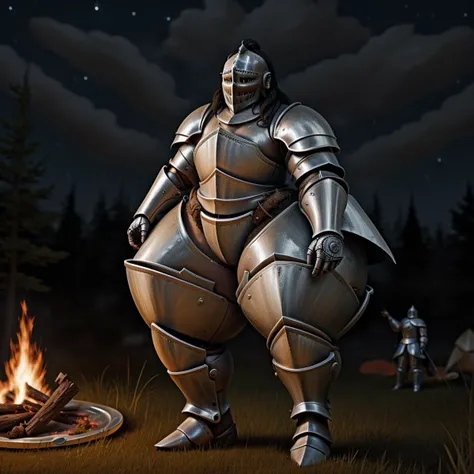 Female Human, (Giant:1.5), (Very Beautiful:1.5), (Very Sexy:1.5), (Long Black Hair:1.0), (Pale Skin:1.0), (Sweaty:1.5), (Knight:1.5), (Full Plate Armor:1.5), (Huge Thighs:1.5), (Huge Hips:1.5), (Huge Butt:1.0), (Black Eyes:1.0), standing next to campfire, nighttime.<hypernet:anything-v4.0.vae:1><hypernet:anything-v4.0.vae:1><hypernet:anything-v4.0.vae:1><hypernet:anything-v4.0.vae:1><hypernet:anything-v4.0.vae:1><hypernet:anything-v4.0.vae:1>