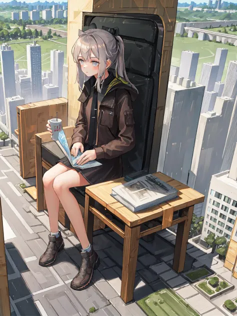 masterpiece, best quality, 1girl, solo, <lora:mtz-4:0.8>, M200, <lora:giantessConcept_15:1>, GTS, Looming, Sitting on building, city, building, skyscraper,