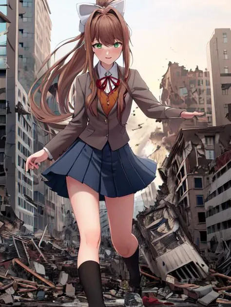 monika, bangs, very long hair, long hair, neck ribbon, ponytail, shirt, school uniform, hair bow, white bow, pleated skirt, brown hair, grey jacket, sidelocks, solo, blue skirt, 1girl, breasts, blazer, green eyes, medium breasts, long legs,
detailed eyes, deep eyes, beautiful green eyes, glowing green eyes, evil, evil grin, symmetrical eyes, symmetrical face, perfect arms, perfect hands, perfect face, perfect legs, <lora:Monika:0.6>,
full body, full body shot, zoomed out, distant view,
blushing, horny, aroused, extremely detailed CG unity 8k wallpaper, best quality,32k,focus sharp, <lora:more_details:0.2>, sharp eyes, detailed eyes, symmetrical eyes, symmetrical face,
night, night sky,
buildingseat, building seat, sitting on a building, <lora:more_details:0.7>,looking at the ground:1.5, looking down, <lora:GTSv5:0.85>, micro city, destroyed buildings, looking down at viewer, (gts:1.2), ground view, (groundview:1.2), from below, low angle, (rampage, destruction:1.2), (partially obscured:1.2), (in distance:1.2), destroying a building, investigating, highres, detailed eyes, perfect eyes, beautiful eyes, perfect face, destruction, rampage, huge craters, ravines, cracks in the ground, earthquake, smoke, fire, destroyed city, ruins, rubble, debris, crumbling, destroyed buildings, knocked over buildings, toppled skyscrapers, crumbling buildings, falling buildings, rampage in the city, destruction in the city, destroyed cityscape