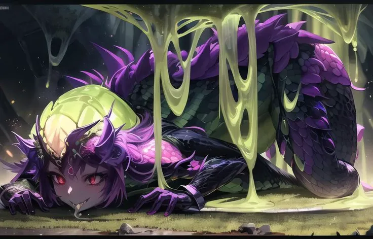 (A toxic forest, in a cave, a character surrounded by bones and carcasses, with purple poison puddles:1.2), with ruins, skeleton, death solo, 1girl, (a portrait, full body shot), (looking at the viewer:1.1) of A beautiful (green toxic dragon woman:1.6) (spitting poison, poison dripping of the mouth:1.2) (tongue sticking out, long split snake tongue:1.4) <lora:Dragons v1:0.9>, <lora:murkysCumOnTongue_1:0.1> extremely detailed 8K wallpaper, extremely detailed character, (an extremely delicate and beautiful portrait), sharp focus. She have a perfect face, detailed face, perfect eyes, detailed eyes, (red eyes), a (green skin) a (toothy smile), (long hair), (purple hair). (dragon wing) (minigiantess:0.3) <lora:giantessConcept_30:0.4>