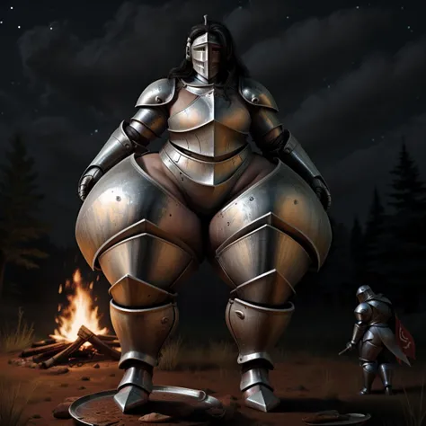 Female Human, (Giant:1.5), (Very Beautiful:1.5), (Very Sexy:1.5), (Long Black Hair:1.0), (Pale Skin:1.0), (Sweaty:1.5), (Knight:1.5), (Full Plate Armor:1.5), (Huge Thighs:1.5), (Huge Hips:1.5), (Huge Butt:1.0), (Black Eyes:1.0), standing next to campfire, nighttime.<hypernet:anything-v4.0.vae:1><hypernet:anything-v4.0.vae:1><hypernet:anything-v4.0.vae:1><hypernet:anything-v4.0.vae:1>