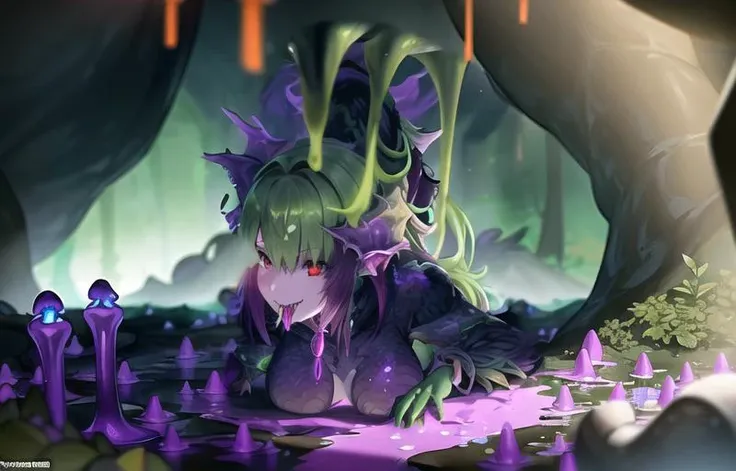 (A toxic forest, in a cave, a character surrounded by bones and carcasses, with purple poison puddles:1.2), with ruins, skeleton, death solo, 1girl, (a portrait, full body shot), (looking at the viewer:1.1) of A beautiful (green toxic dragon woman:1.6) (spitting poison, poison dripping of the mouth:1.2) (tongue sticking out, long split snake tongue:1.4) <lora:Dragons v1:0.9>, <lora:murkysCumOnTongue_1:0.1> extremely detailed 8K wallpaper, extremely detailed character, (an extremely delicate and beautiful portrait), sharp focus. She have a perfect face, detailed face, perfect eyes, detailed eyes, (red eyes), a (green skin) a (toothy smile), (long hair), (purple hair). (dragon wing) (minigiantess:0.3) <lora:giantessConcept_30:0.4>