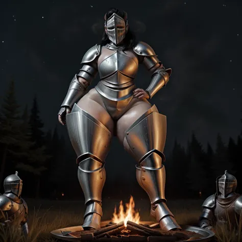Female Human, (Giant:1.5), (Very Beautiful:1.5), (Very Sexy:1.5), (Long Black Hair:1.0), (Pale Skin:1.0), (Sweaty:1.5), (Knight:1.5), (Full Plate Armor:1.5), (Huge Thighs:1.5), (Huge Hips:1.5), (Huge Butt:1.0), (Black Eyes:1.0), standing next to campfire, nighttime.<hypernet:anything-v4.0.vae:1><hypernet:anything-v4.0.vae:1><hypernet:anything-v4.0.vae:1>