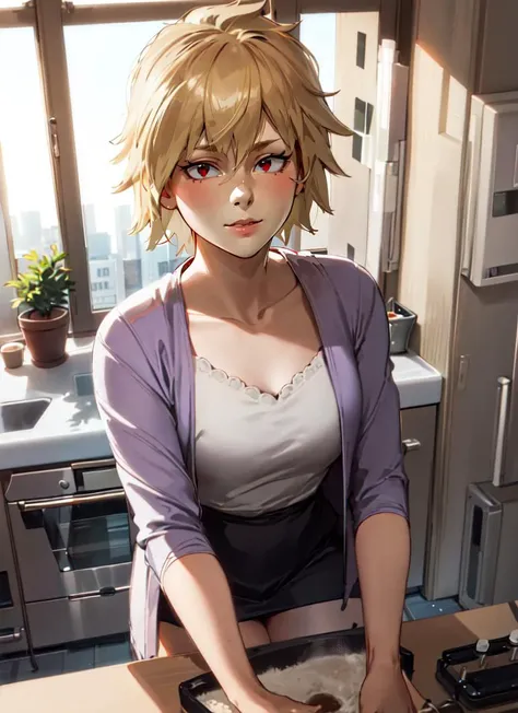 ((best quality)), ((highly detailed)), masterpiece, absurdres, detailed face, beautiful face, (detailed eyes, deep eyes), (1girl), <lora:giantessConcept_20:.9>, GigaGTS, landscape, river, giantess, looming, from above, aerial view, squatting, dynamic pose, cowboy shot, <lora:MitsukiMHA:1>, MitsukiMHA, red eyes, short blonde hair, purple cardigan, white shirt, black skirt, (indoors, in a kitchen)