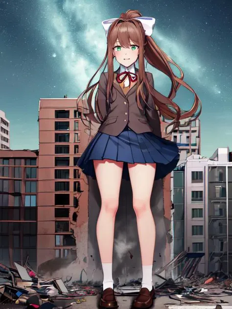monika, bangs, very long hair, long hair, neck ribbon, ponytail, shirt, school uniform, hair bow, white bow, pleated skirt, brown hair, grey jacket, sidelocks, solo, blue skirt, 1girl, breasts, blazer, green eyes, medium breasts, long legs,
detailed eyes, deep eyes, beautiful green eyes, glowing green eyes, evil, evil grin, symmetrical eyes, symmetrical face, perfect arms, perfect hands, perfect face, perfect legs, <lora:Monika:0.6>,
full body, full body shot, zoomed out, distant view,
blushing, horny, aroused, extremely detailed CG unity 8k wallpaper, best quality,32k,focus sharp, <lora:more_details:0.2>, sharp eyes, detailed eyes, symmetrical eyes, symmetrical face,
night, night sky,
buildingseat, building seat, sitting on a building, <lora:more_details:0.7>, sharp eyes, detailed eyes, symmetrical eyes, symmetrical face, looking at the ground:1.5, looking down, <lora:GTSv5:0.85>, micro city, destroyed buildings, looking down at viewer, (gts:1.2), ground view, (groundview:1.2), from below, low angle, (rampage, destruction:1.2), (partially obscured:1.2), (in distance:1.2), destroying a building, investigating, highres, detailed eyes, perfect eyes, beautiful eyes, perfect face,