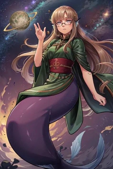 ((best quality)), ((highly detailed)), masterpiece, (detailed eyes, deep eyes), (1girl), (glasses), <lora:giantessConcept_20:.8>, PlanetaryGTS, (in outer space, floating near earth \(planet\)), giantess, from below, crouching, full body, ((royal robe)), <lora:hairdetailer:.9>, <lora:aiomonstergirls_loraLocon:.7>, <lora:animeMermaid_v10:1>, (mermaid), fins, (at a rainforest, jungle canopy, afternoon), <lora:lasterk-v3:1>, (lasterk:1.3)