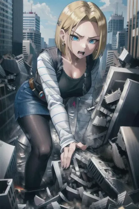 <lora:GTSv5:1>
blonde hair, blue eyes, short hair, earrings, jewelry, denim vest, open vest, black pantyhose, black shirt, long sleeves, white striped sleeves, denim skirt, blue skirt, large breasts,<lora:android_18_v110:0.5>
detailed eyes, perfect eyes, 
masterpiece, best quality, 1girl, solo,, android 18, blonde hair, blue eyes, short hair, narrow eyes, annoyed, looking at viewer
beautiful, (Masterpiece, best quality), (high resolution), (ultra-high detail), gleaming skin, long eyelashes, detailed skin, detailed face, detailed eyes, 1girl, solo, full body, giantess, (gts), size difference, (destruction the city), (rampage:1.4), open mouth, , front View, (looking at viewer) , <lora:GTS:1>, gyaru:1.2