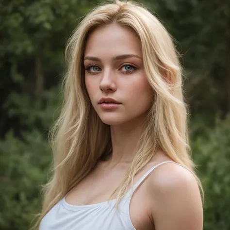 Long shot, selfie view. A beautiful 20 year old woman with long blonde hair. Simple background, realistic, beautiful eyes, highly detailed eyes, highly detailed face, beautiful face, 8k HD, delicate features, ultra realistic, taken outside, tiltshift, realistic skin texture, detailed skin