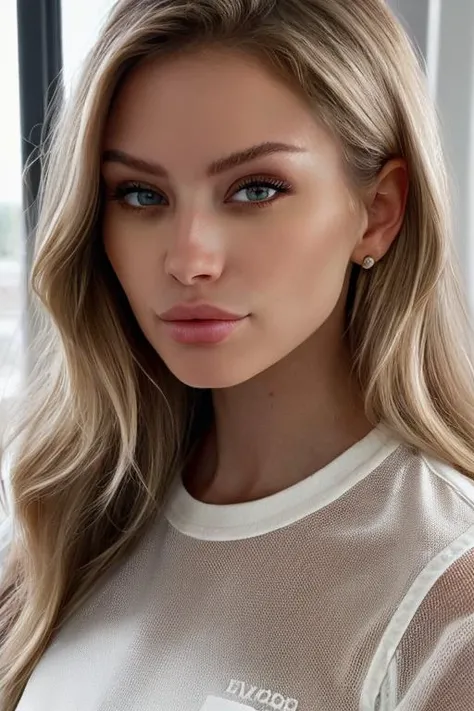 t-shirt dress a cinematic still of a beautiful blonde woman, <lora:JessicaLee:1>, photo model, luscious glossy lips, black eyeliner, subtle makeup, long blonde wavy hair, exotic location, photo realistic, posing for a magazine shot, perfect lighting, rim lighting, epiCRealism, fcDetailPortrait