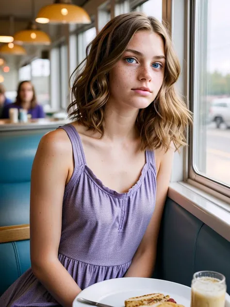 photo of a 16 years old girl, beautiful face, (blue eyes), (jaw length wavy shag haircut), very light brown hair, freckles, toned build, (lavender sun dress) female lead character, pouty look. in a diner, moody lighting, cinematic. fcHeatPortraitat