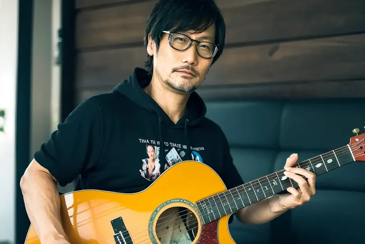 <lora:hideoKojima:1>, hideokojima, Best quality, masterpiece, ultra high res, (photorealistic:1.4), 1 man, detailed skin, (playing guitar), on the street, oversized green hoodie,, best quality, ultra high res, (photorealistic:1.4),