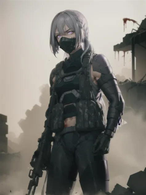 absurdres, highres, ultra detailed, cowboy shot, solo, front view, cinematic lighting,
<lora:ak15GirlsFrontline_10:1:char>AK15, ak15armor, standing, holding assault rifle,  serious, (((muscular))), rubble, ruin, war, patrol, stand-to, millitary action, looking at viewer, glowing mechanical purple eyes, ((fighting stance)),  mask, green fog, return blood, 
<lora:fineline-v2:1> <lora:DoF2:1> <lora:flat2:-0.8> <lora:flatBG:1>  <lyco:envybetterhandsLocon_beta2:1.0>