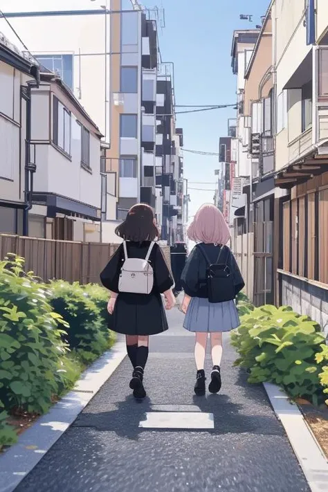 two girls walking down a street holding hands