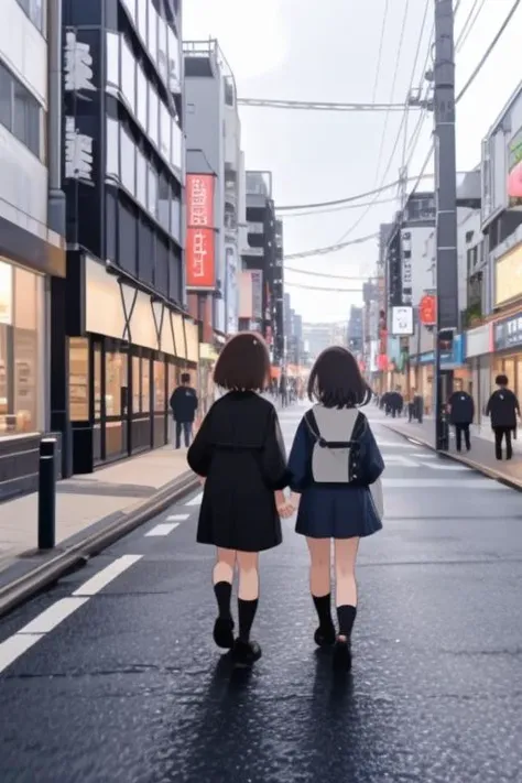 two girls in school uniforms walking down a street holding hands