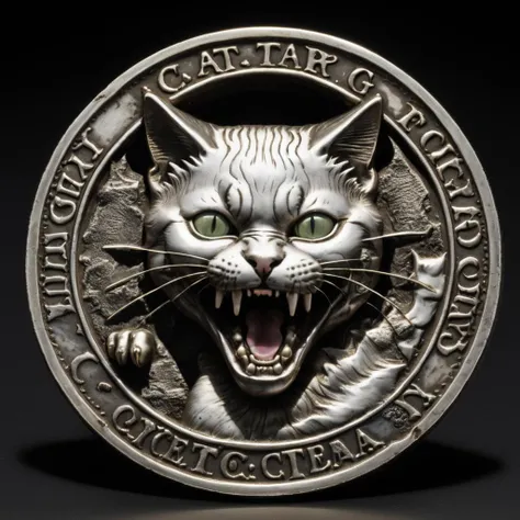 <lora:c01n-000010:0.85>, photograph of a silver c01n with a portrait of a cat, screaming, inscription over black background, <lora:wowifierXL:0.1>