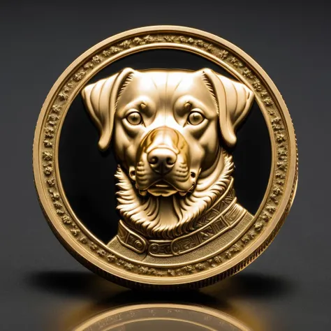 <lora:c01n-000010:0.8>, photograph of a gold c01n with a portrait of a dog, classy, no emotions, inscription over black background, <lora:wowifierXL:0.1>